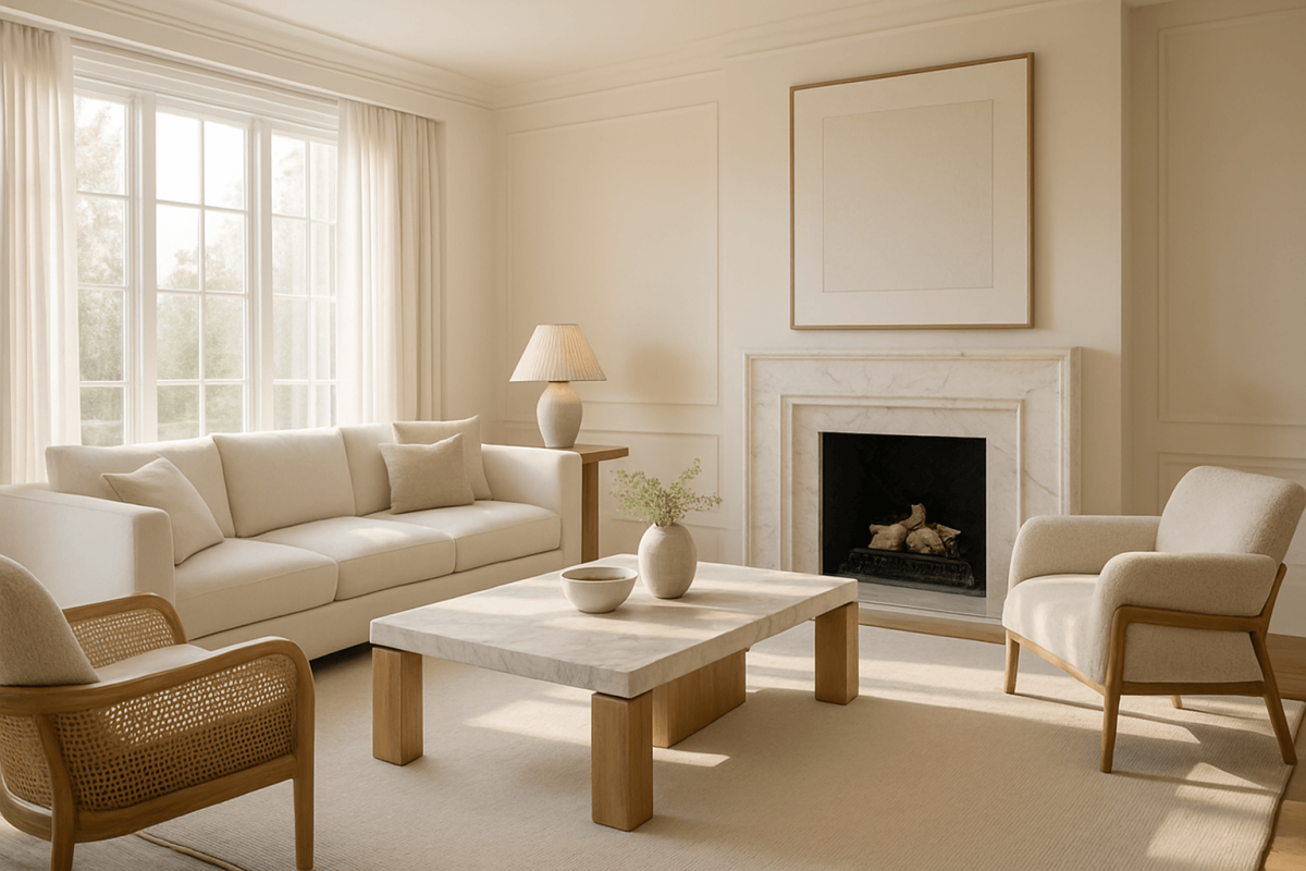 Κομψό σαλόνι με τζάκι, ξύλινα και μαρμάρινα στοιχεία που αναδεικνύουν τη διαχρονική διακόσμηση και την αίσθηση πολυτέλειας.