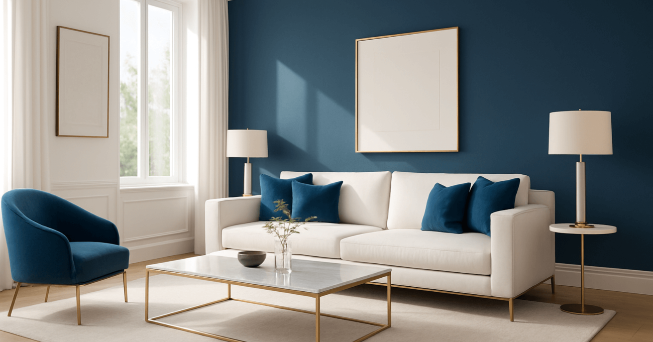 Κομψό σαλόνι σε λευκό και μπλε με πολυτελή αισθητική, ιδανικό παράδειγμα για προτάσεις διακόσμησης με διχρωμίες.